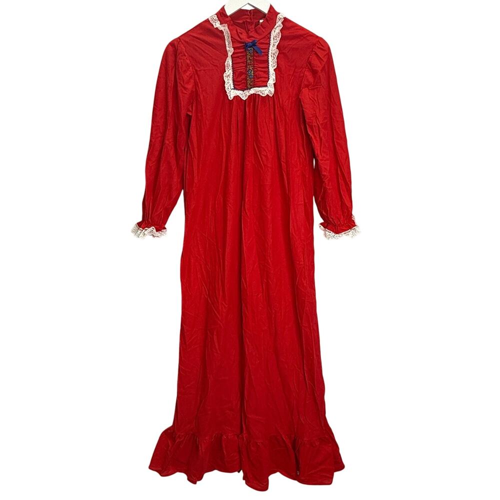 Vintage Jennifer Dale Red Fleece Nightgown Long Sleeve Size 11/M Union Made Lace